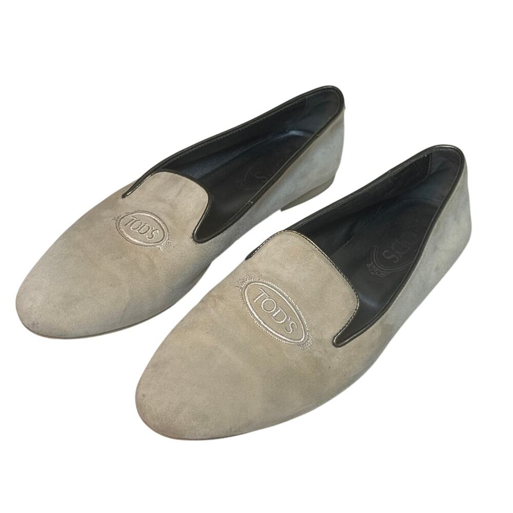 Tods Womens Smoking Slipper Cream Suede Flats Women 38.5 US 8 Minimalist Neutral